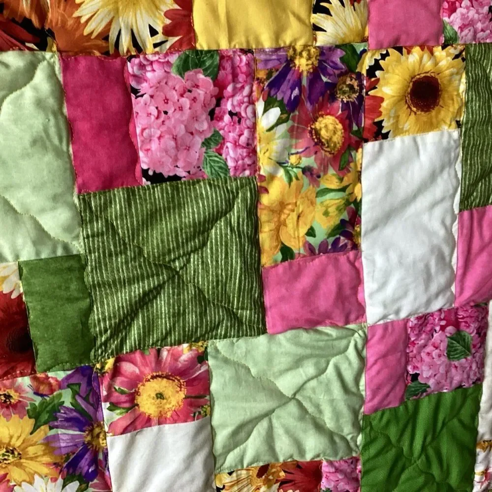 NWT. Hand Crafted Field of Flowers  Quilt with Green, Yellow and Pink Accents